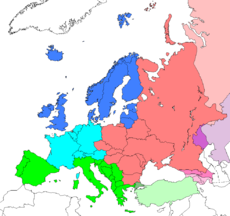 Kaart van Europa, met N-O-Z-W verdeling volgens de V.N.  Wikipedia.